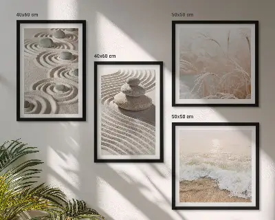 Billedvæg med bølger, sand, vand og sten motiver af strand ved sofa