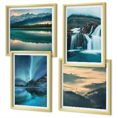 Billedvæg over sofa med vinterlandskaber af vandfald og nordlys