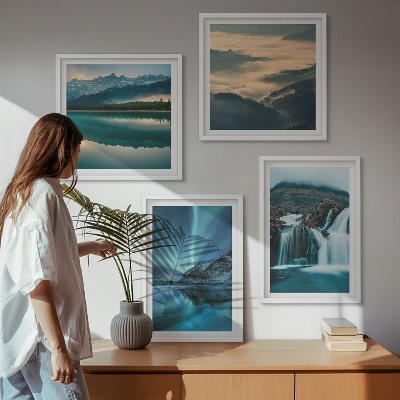 Billedvæg over sofa Vinterlandskaber vandfald aurora