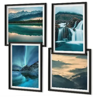 Billedvæg over sofa med vinterlandskaber af vandfald og nordlys