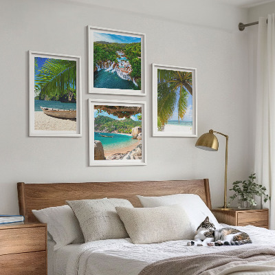 Billedsæt med ramme Strand, båd, vandfald, palmer