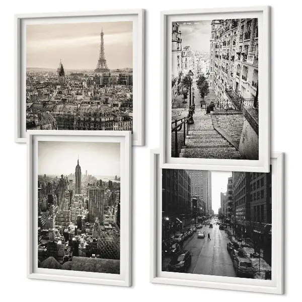 Billedvæg over sofa med motiv af udsigt over Paris og New York-trappen