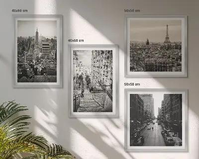 Billedvæg over sofa med motiv af udsigt over Paris og New York-trappen