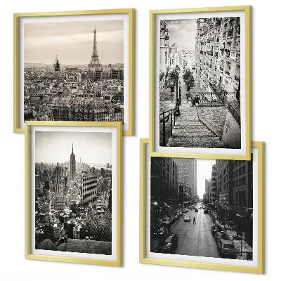 Billedvæg over sofa med motiv af udsigt over Paris og New York-trappen