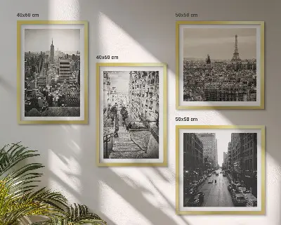 Billedvæg over sofa med motiv af udsigt over Paris og New York-trappen