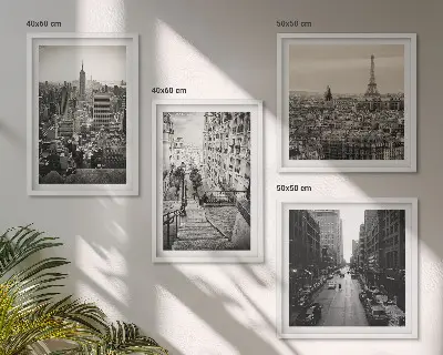 Billedvæg over sofa med motiv af udsigt over Paris og New York-trappen