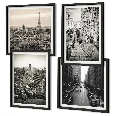 Billedvæg over sofa med motiv af udsigt over Paris og New York-trappen
