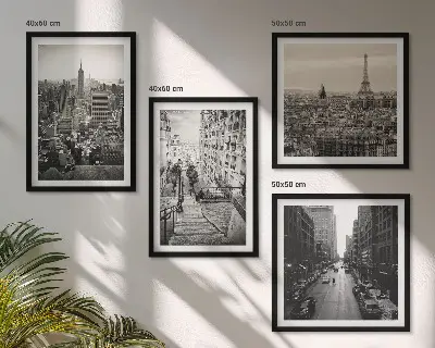 Billedvæg over sofa med motiv af udsigt over Paris og New York-trappen