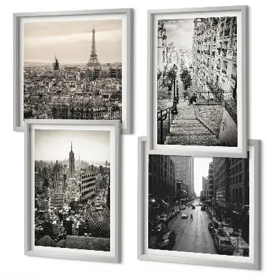 Billedvæg over sofa med motiv af udsigt over Paris og New York-trappen
