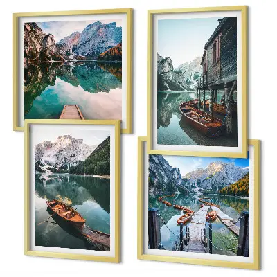 Billedsæt med ramme med motiver af sø, bjerge, både og sommerhus