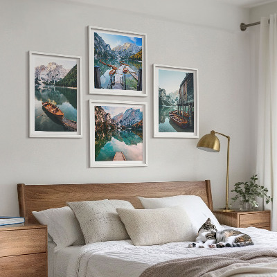 Billedsæt med ramme Sø, bjerge, både, sommerhus