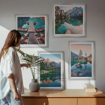 Bjergsøer og refleksionsskov vægdekoration til ophæng over sofa