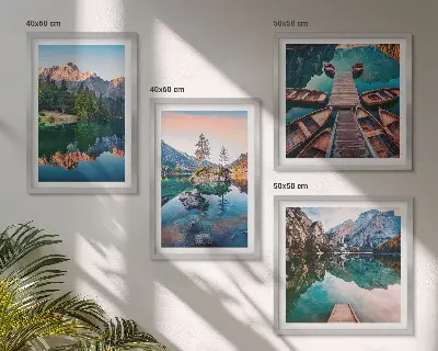 Bjergsøer og refleksionsskov vægdekoration til ophæng over sofa