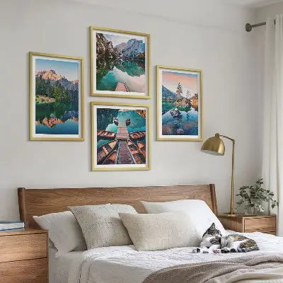 Bjergsøer og refleksionsskov vægdekoration til ophæng over sofa