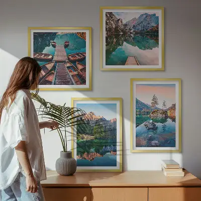Bjergsøer og refleksionsskov vægdekoration til ophæng over sofa