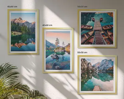 Bjergsøer og refleksionsskov vægdekoration til ophæng over sofa