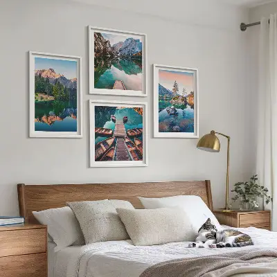 Bjergsøer og refleksionsskov vægdekoration til ophæng over sofa
