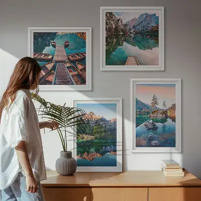 Bjergsøer og refleksionsskov vægdekoration til ophæng over sofa
