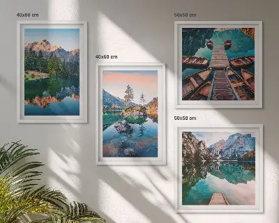 Bjergsøer og refleksionsskov vægdekoration til ophæng over sofa