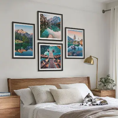 Bjergsøer og refleksionsskov vægdekoration til ophæng over sofa
