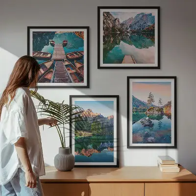 Bjergsøer og refleksionsskov vægdekoration til ophæng over sofa