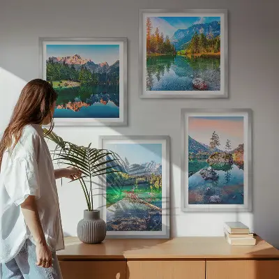 Bjergsøer naturlandskab billedvæg til ophæng over sofaen
