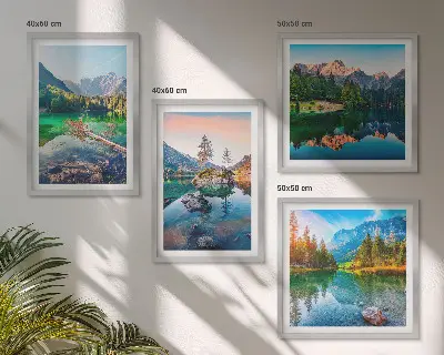 Bjergsøer naturlandskab billedvæg til ophæng over sofaen
