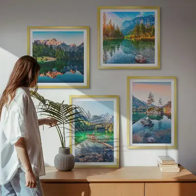 Bjergsøer naturlandskab billedvæg til ophæng over sofaen
