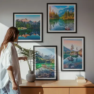 Bjergsøer naturlandskab billedvæg til ophæng over sofaen