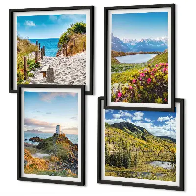 Billedvæg til over sofaen med motiv af strand, fyrtårn, bjerge, enge og blomster