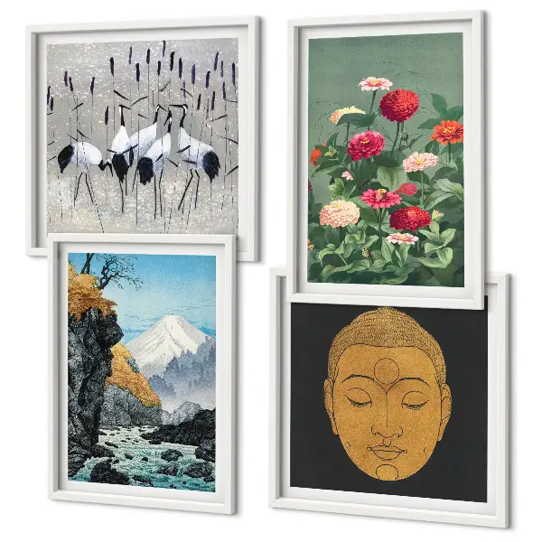 Billedsæt med ramme med japansk natur i japandi-stil