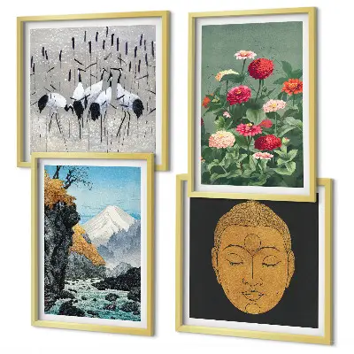 Billedsæt med ramme med japansk natur i japandi-stil