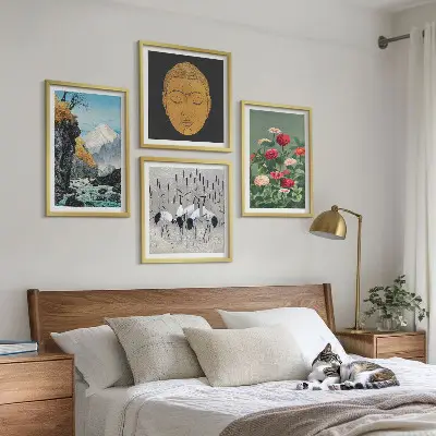 Billedsæt med ramme med japansk natur i japandi-stil