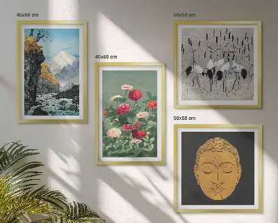 Billedsæt med ramme med japansk natur i japandi-stil