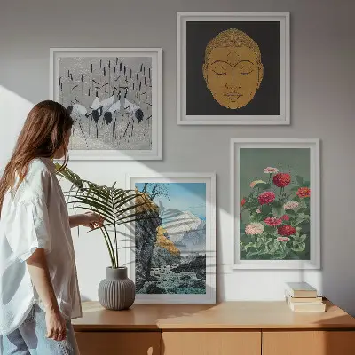 Billedsæt med ramme med japansk natur i japandi-stil