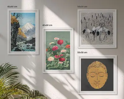 Billedsæt med ramme med japansk natur i japandi-stil