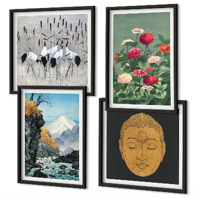 Billedsæt med ramme med japansk natur i japandi-stil