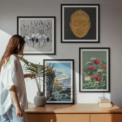 Billedsæt med ramme med japansk natur i japandi-stil