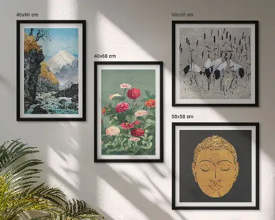 Billedsæt med ramme med japansk natur i japandi-stil