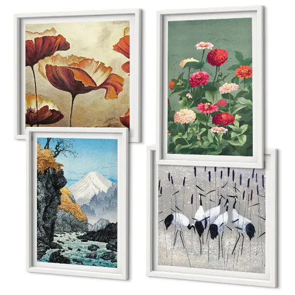 Billedsæt med ramme motiver af bjerge, vandfald, fugle og blomster