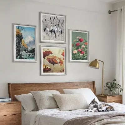 Billedsæt med ramme motiver af bjerge, vandfald, fugle og blomster