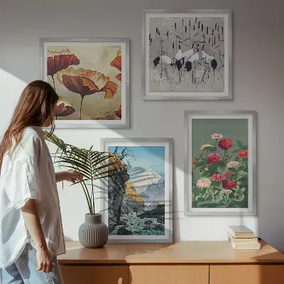 Billedsæt med ramme motiver af bjerge, vandfald, fugle og blomster