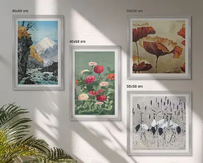 Billedsæt med ramme motiver af bjerge, vandfald, fugle og blomster