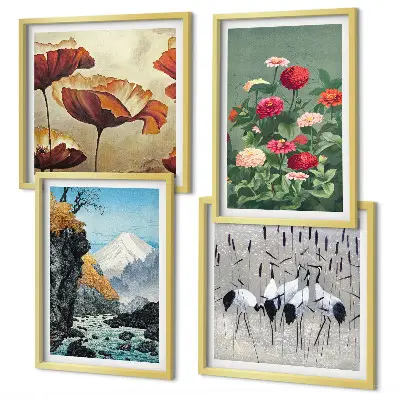 Billedsæt med ramme motiver af bjerge, vandfald, fugle og blomster