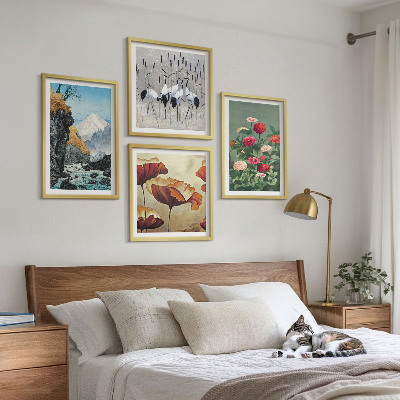 Billedsæt med ramme Bjerge vandfald fugle blomster