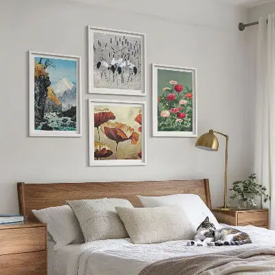 Billedsæt med ramme motiver af bjerge, vandfald, fugle og blomster