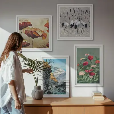 Billedsæt med ramme motiver af bjerge, vandfald, fugle og blomster