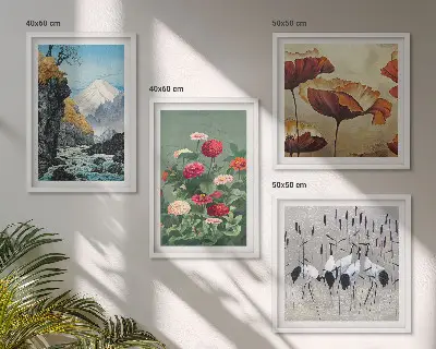 Billedsæt med ramme motiver af bjerge, vandfald, fugle og blomster