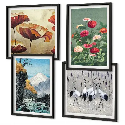 Billedsæt med ramme motiver af bjerge, vandfald, fugle og blomster