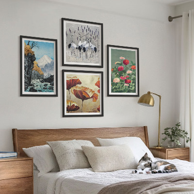 Billedsæt med ramme Bjerge vandfald fugle blomster